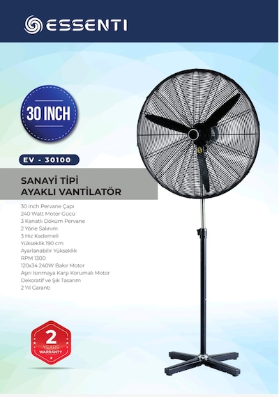 Essenti Ev-30100 30'' Sanayi Tipi Ayaklı Vantilatör 240w