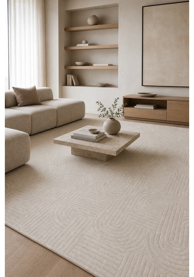 Novax Duris Geometrik Beyaz Kaymaz Taban Yıkanabilir Salon Halısı