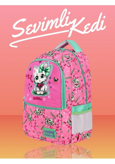 Waddell Lisanslı Çin Kedi Temalı, Sırt Destekli, Beslenme Çantalı, İlkokul Çantası 25301 Açık Pembe