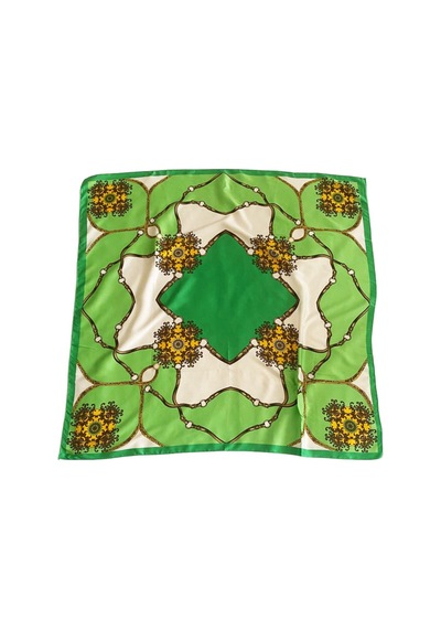 Tikitonki Otantik Desenli Saten Fıstık Yeşili Eşarp - 90x90 Yeşil Yeşil