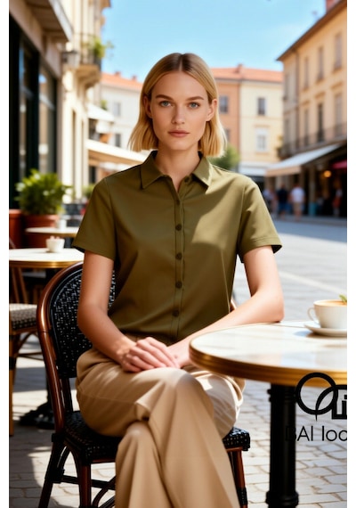 Benerly Kadın Bluz Crop Polo Yaka Kısa Kol Düğmeli Fitted Penye Süprem Ör Açık Haki
