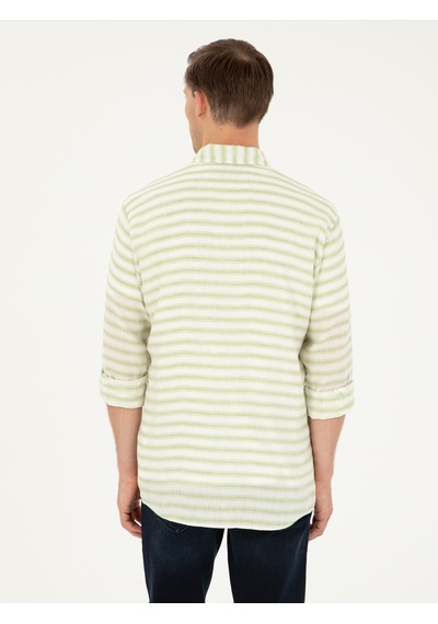 Cacharel Yeşil Keten Karışımlı Slim Fit Uzun Kollu Gömlek