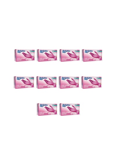 Dolphin Tek Kullanımlık Pembe Nitril Eldiven - Muayne Eldiveni Medium Orta Boy - 100'lü 10 Paket