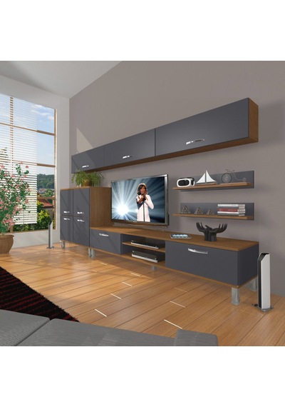 Decoraktiv Eko 8 Mdf Dvd Krom Ayaklı Tv Ünitesi Tv Sehpası Ceviz - Antrasit