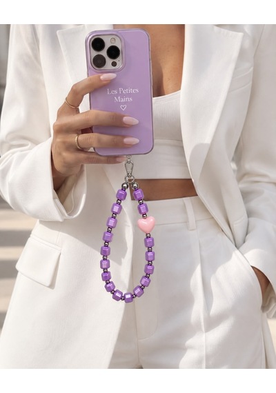 Les Petites Mains Mor Küp Boncuklu Pembe Kalp Detaylı El Yapımı Telefon Askısı