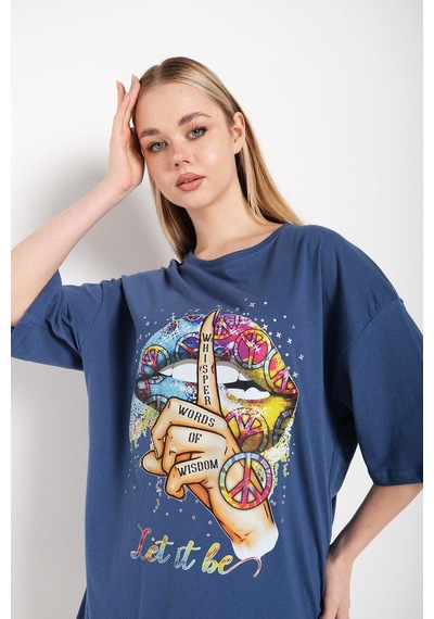 Flood Of Style Kadın Indigo Let It Be Baskılı Oversize T-shirt Lacivert