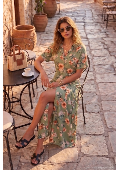 Lela Desenli Yırtmaçlı Gömlek Yaka Maxi Bayan Elbise 611El502 Olive