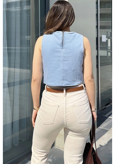 WeShaya Kadın Mavi Önü Çapraz Katlı, Kolsuz, Yuvarlak Yaka, Crop Kot Bluz Mavi