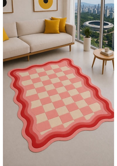 Sdt Retro Damalı Ve Dalgalı Pembe - Krem Dokuma Taban Dekoratif Halı Sdt690 Çok Renkli