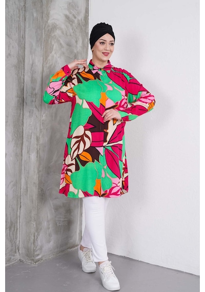 Polologin Butik Renkli Yaprak Desenli Gömlek Tunik Fuşya & Yeşil & Turuncu & Kahverengi