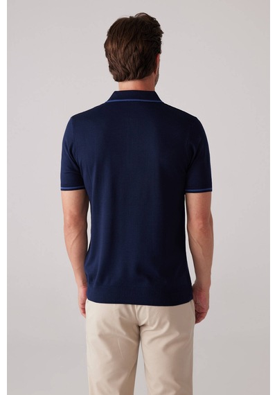 Erkek Lacivert Slim Fit Hafif Çizgili Fermuarlı Polo Yaka Tişört