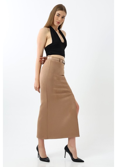 Winmoda34 Kadın Uzun Kemerli 92cm Maxi Boy Yırtmaçlı Süet Etek Bej