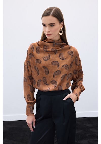 Sateen Degaje Yaka Desenli Bluz - Kahve-136572 Kahve
