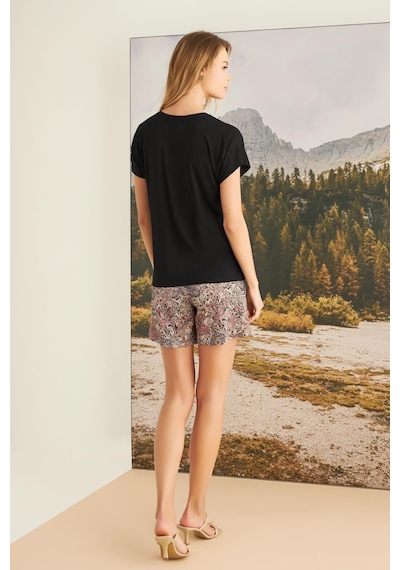 Monamise Kadın Yaprak Desenli Natural Vibes Şort Takımı 23172-siyah Siyah