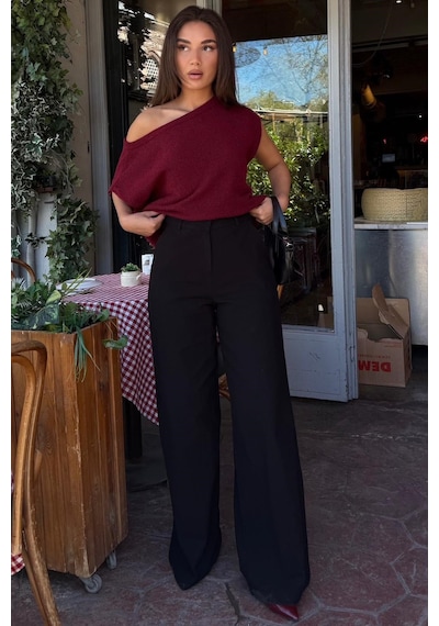 Madmext Siyah Yüksek Bel Keten Wide Leg Pantolon Mg2718