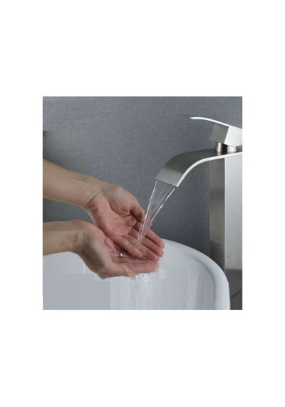 Rena Design Inox Çanak Lavabo Bataryasi Oval Çikiş Yüksek Havza Model Uzun Çift Giriş Musluk Banyo Mat Gri