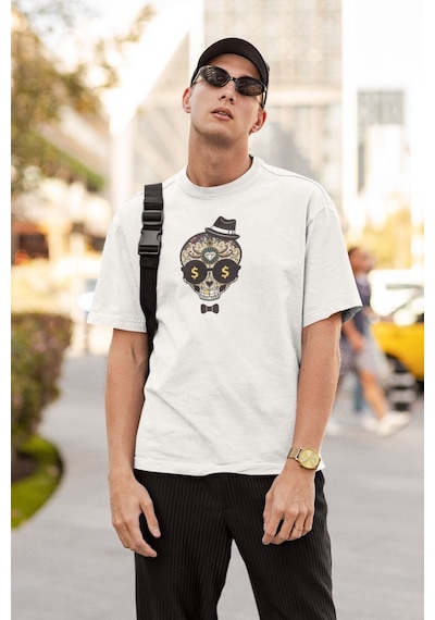 Erkek Özel Baskılı Modern Fit %100 Pamuk Bisiklet Yaka T-shirt Beyaz