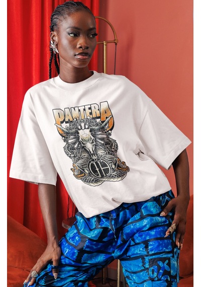 Pantera Rock Metal Müzik Grubu Ön Baskılı Unisex Oversize Tişört Beyaz