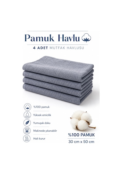 4 Adet Mutfak Havlusu El Yüz Havlusu Gri