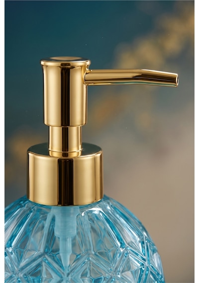 Boby Diamond Küre Cam Sıvı Sabunluk Gold Pompalı Kristal Desenli Dekoratif Banyo Ve Mutfak Dispenseri - 16 Cm X 10 Cm - 500ml - Mavi