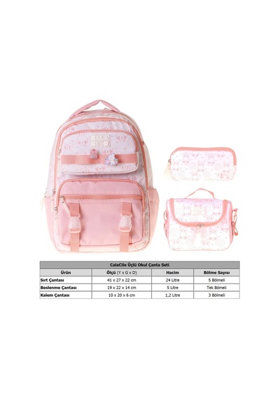 Calacilo Kedi Baskılı Pembe Kız Çocuk Üçlü İlkokul Okul Çantası Seti - Setcc-c4050a