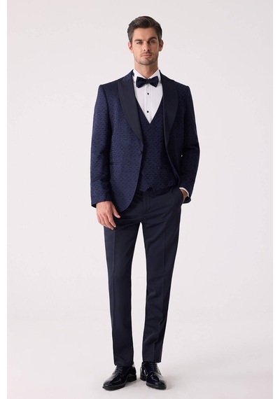 Ysf Erkek Lacivert Damatlık Slim Fit Kırlangıç Yaka Desenli