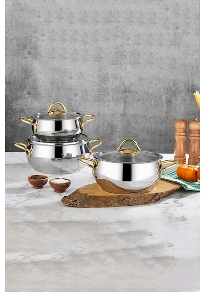 Polochef Pro Line 18/10 Paslanmaz Çelik Tencere Seti Kapaklı 6 Parça Gold Gümüş