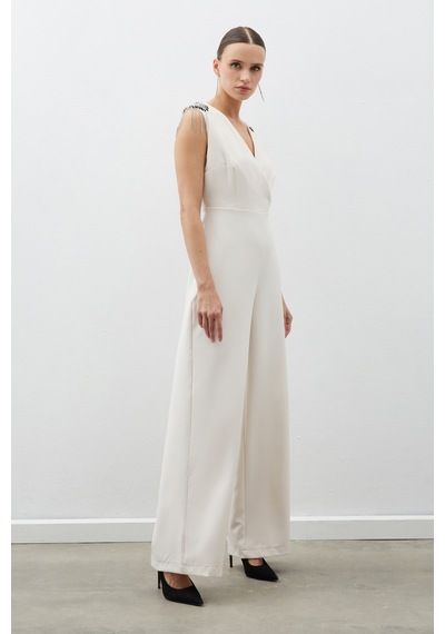 Sateen Aksesuar Detaylı Tulum - Bej