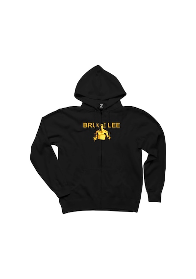 Bruce Lee Nunchaku Siyah Fermuarlı Kapşonlu Sweatshirt Siyah