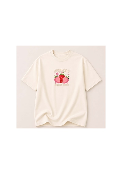 Herkesemoda Feelıng Baskı Detaylı Kadın Bisiklet Yaka Pamuklu T-shirt Krem