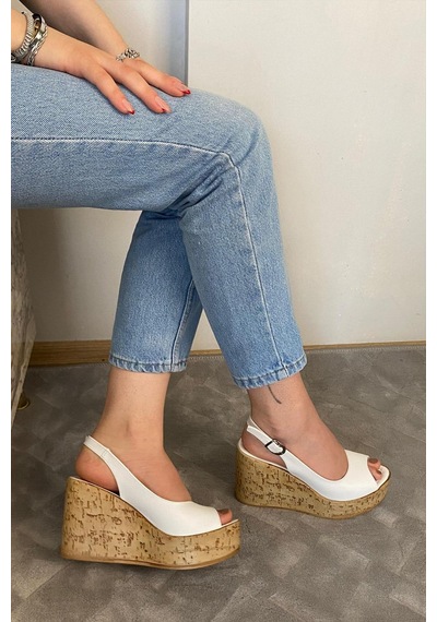 Asmi Shoes Kadın Fenni 10 Cm Dolgu Topuklu Mantar Taban Ayakkabı Beyaz