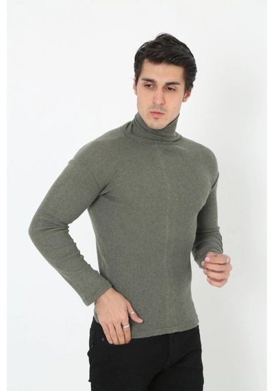 Erkek Fitilli Kaşkorse Kumaş Boğazlı Full Likralı Slimfit Body - Haki