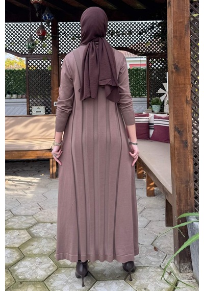Rabia Şamlı Biricik Kemerli Triko Elbise Sütlü Kahve Normal