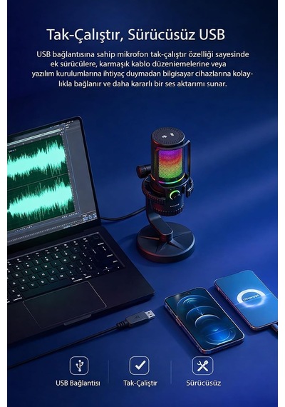 Yayıncı Mikrofonu Profesyonel Rgb Pc/ps4/ps5 Gamer Oyuncu Tiktok Youtube İnstagram Mikrofon
