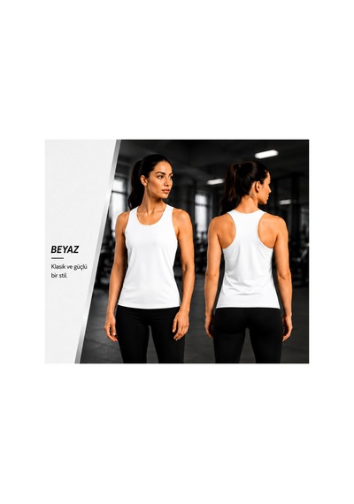 Beydex Bisiklet Yaka Sıfır Kollu Standart Kalıp Kadın Spor Atlet Beyaz