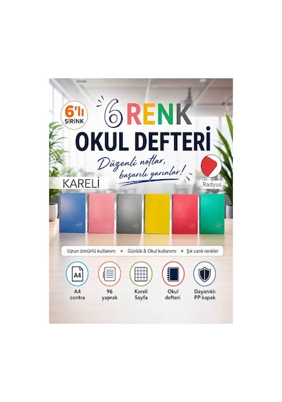 Saray Pp Kapak Spiralli 96 Yaprak A4 Kareli 6 Adet Defter Çok Renkli