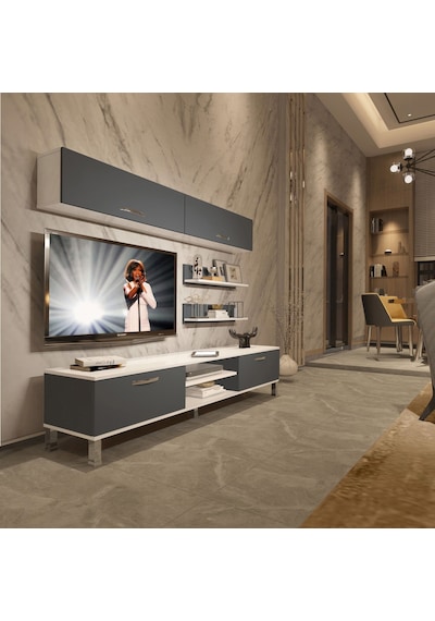 Decoraktiv Eko 5 Mdf Dvd Krom Ayaklı Tv Ünitesi Tv Sehpası Beyaz - Antrasit