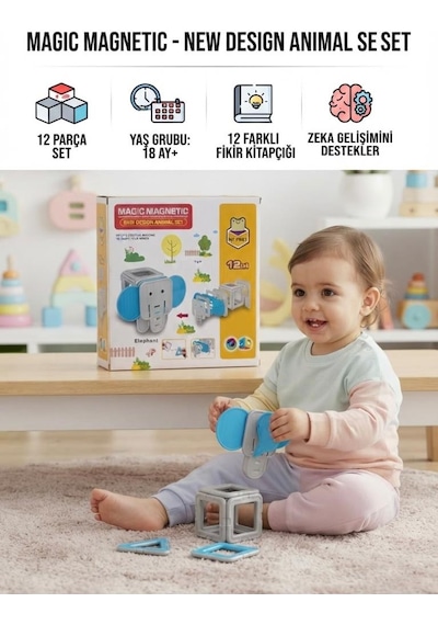 Minik Mimarların İlk Eğlence Seti: 12 Parça Manyetik Fil Blokları Eğlenceli Eğitici Set
