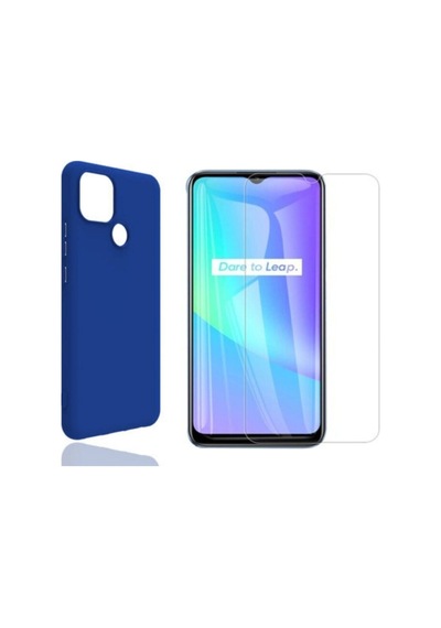 Oppo Realme C25 Yumuşak Soft Silikon Telefon Kılıfı Ve Temperli Cam Ekran Koruyucu Seti Col179606-mavi