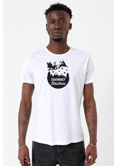 Merry Christmas Sleigh Beyaz Erkek Bisikletyaka Tshirt 001