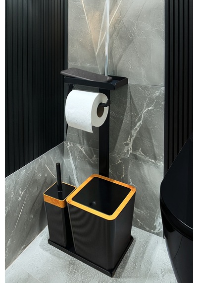3'ü 1 Arada Banyo Seti Tuvalet Kağıtlık, Çöp Kovası Ve Tuvalet Fırça Takımı Kahverengi - Siyah