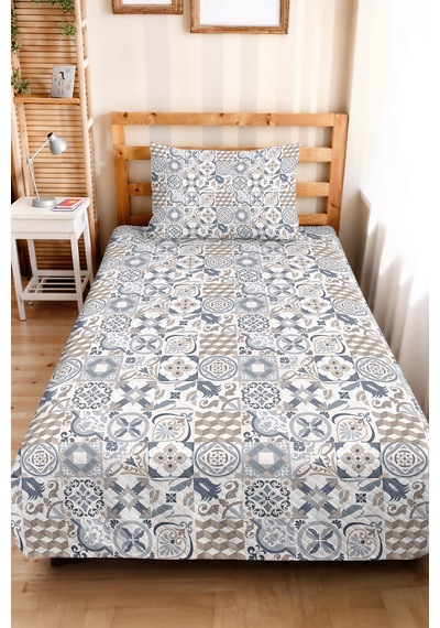 Geometrik Çini Gri Genç Odası Tek Kişilik Pike Takımı - Bej Modern 160x220 Cm Kapitone Yatak Örtüsü Mahmur Koru Dokunuşu