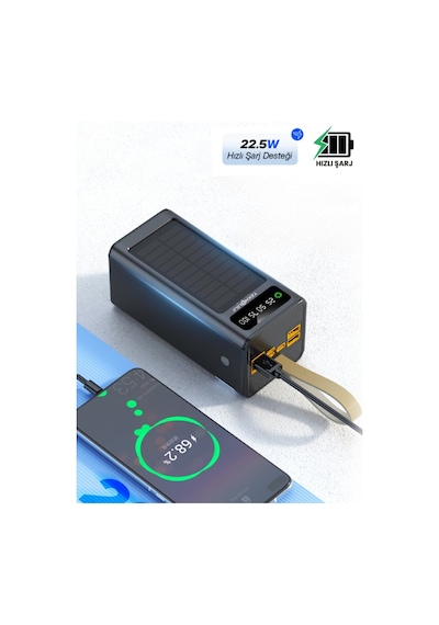 50.000 Mah Powerbank Güneş Enerjili Solar Hızlı Şarj Göstergeli Kablolu Taşınabilir Batarya 22.5w Siyah
