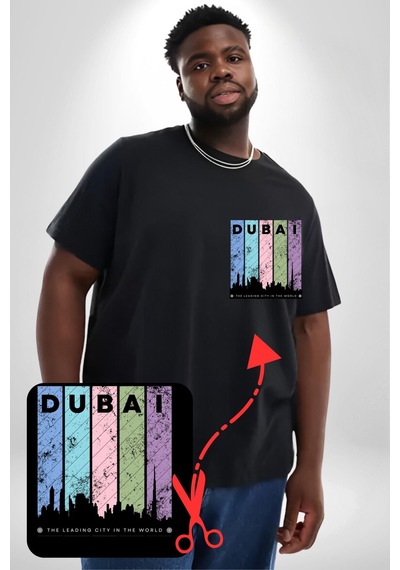 Angemiel Dubai Şehir Silüeti Renkli Şehir Siyah Büyük Beden Kadın Basic Minimal Baskılı Tişört Siyah