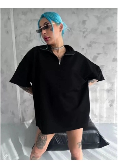 Vinevesta Kadın Yarım Fermuarlı Tişört Düz Oversize T-shirt - Siyah Çok Renkli