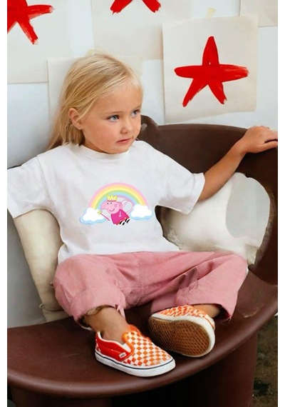 Monila Kız Çocuk Peppa Baskılı Pamuklu Bisiklet Yaka T-shirt Ekru
