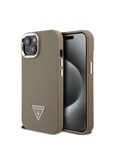 Apple Uyumlu iPhone 15 Kılıf Guess Lisanslı M-safe Şarj Özellikli Grained Triangle Kapak Kahverengi