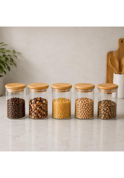 5'li 250 Ml Bambu Kapaklı Cam Kavanoz Seti, Silikon Contalı Şeffaf Baharatlık Ve Saklama Kabı, Çay Kahve Şeker Baharat Kuruyemiş Kavanozu Çok Renkli