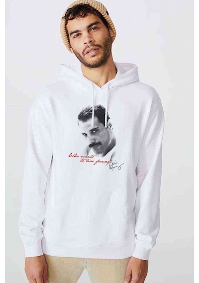 Freddie Mercury 2 Baskılı Beyaz Erkek Örme Kapşonlu Sweatshirt