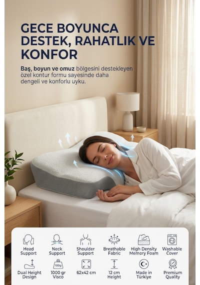 Premium Visco Yastık 62x42 Cm Boyun Destekli Ortopedik Uyku Yastığı Açık Gri